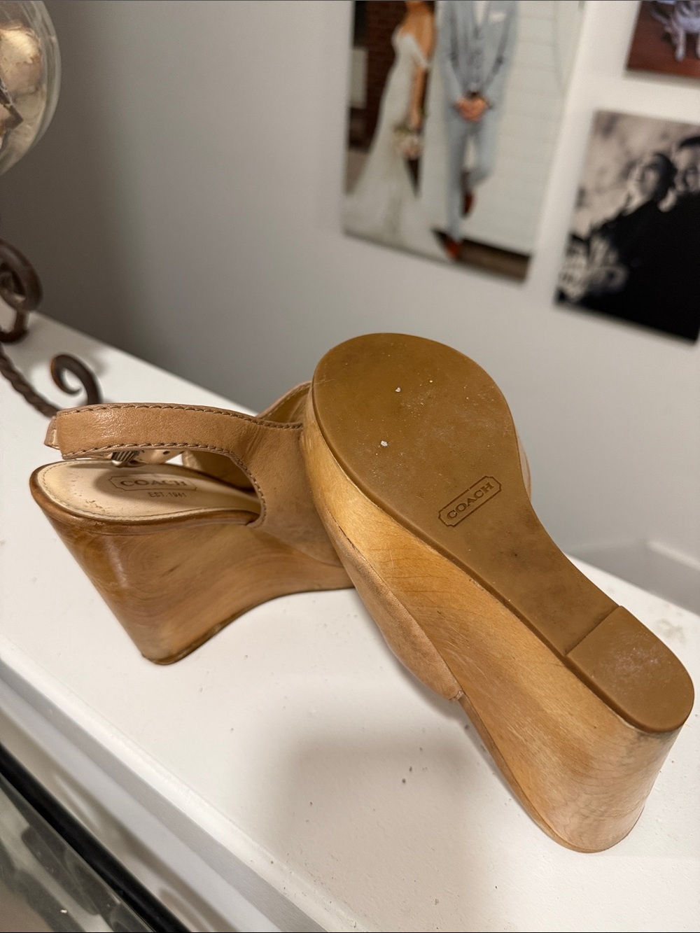 COACH Women's Tan Leather Perforated Slingback Wedge Sandals - Picture 6 of 10